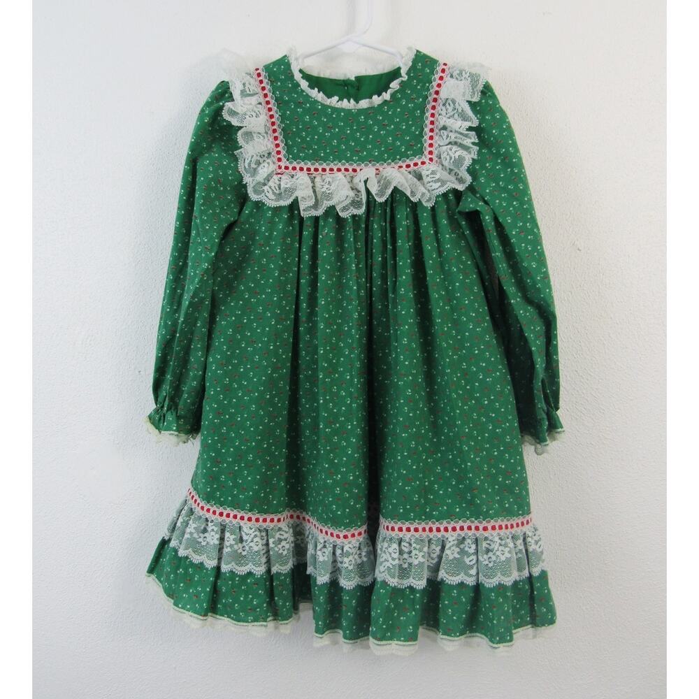 Bryan Green Red & White Floral Holiday Dress Ruffles Cottage Prairie Vintage